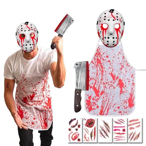 Yi'antai Serienkiller Kostüm, Halloween Kostüm Herren, Horror Kostüm Herren, Serien-Killer Maske, Horror Kostüm Mit Blutiges Messer, Halloween Blutige Schürze, Narben Tattoos von Yi'antai