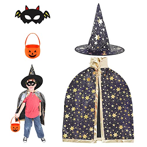 Yi'antai Kinder Halloween Kostüm, Wizard Cape Witch Umhang mit Hut, Kürbis Candy Bag, Schwarze Halloween-Filzmaske, Zauberer Kostüm Kinder für Jungen Mädchen Fasching Karneval von Yi'antai