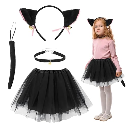 Katzen Kostüme Mädchen Tierkostüm Set für Kinder, Faschingskostüme Kinder Mädchen Carnival Tierkostüm für Kinder, mit Tutu Rock Kinder, Cosplay Ohren, Cosplay Tail, Handschuhe, Schleif Fliege von Yi'antai