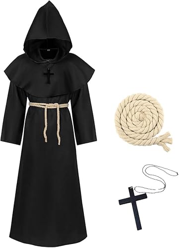 Yi'antai Mönch Robe, Mönchskostüm Erwachsene Herren, XL Mittelalterliche Renaissance Robe, Kostüm Mönch mit Kapuze und Kordel, Zauberer Priesterrobe, Kostüm Herren für Halloween (XL) von Yi'antai