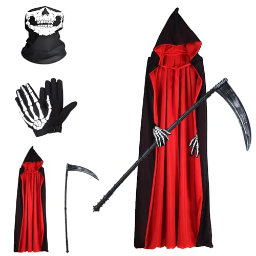 Yi'antai Sensenmann Kostüm Halloween, Halloween Umhang Set mit Maske Handschuhe, Vampir Umhang, Unisex Cape 140 cm für Halloween Party Dekoration Cosplay von Yi'antai