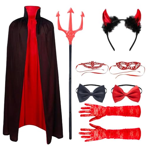 Yi'antai 8 Stück Teufel Kostüm Damen, Halloween-Kostüm für Damen, Devil Costume mit Teufelshörner, Teufel Umhang mit Teufelsgabel, Spitzenhandschuhe Augenmaske, Teufel Krawatte (Rot) von Yi'antai