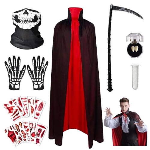 Yi'antai Vampir Umhang Set, Dracula Umhang mit Sense, Teufel Umhang Vampirkostüm, Halloween Teufel Kostüm mit Schädelmaske Handschuhe, Vampir Zähne Zähne, Narben Tattoo Aufkleber (C) von Yi'antai