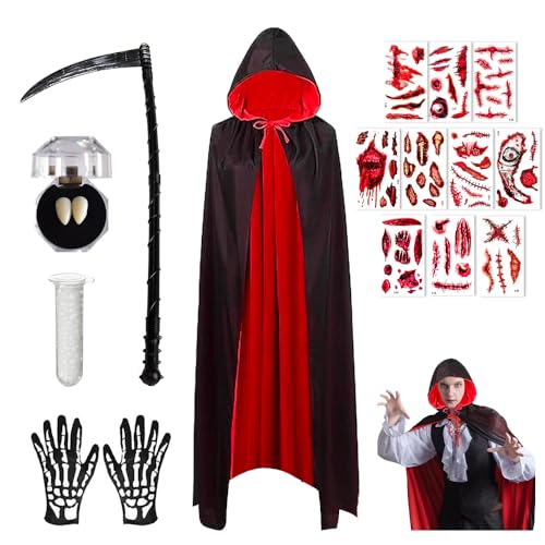 Yi'antai Vampir Umhang Set, Dracula Umhang mit Sense, Teufel Umhang Vampirkostüm, Halloween Teufel Kostüm mit Schädelmaske Handschuhe, Vampir Zähne Zähne, Narben Tattoo Aufkleber (D) von Yi'antai