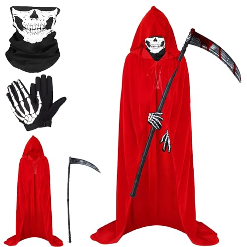 Yi'antai Sensenmann Kostüm Halloween, Halloween Umhang Set mit Maske Handschuhe und Plastiksense, Unisex Cape 140 cm für Halloween Party Dekoration Cosplay (Rot A) von Yi'antai