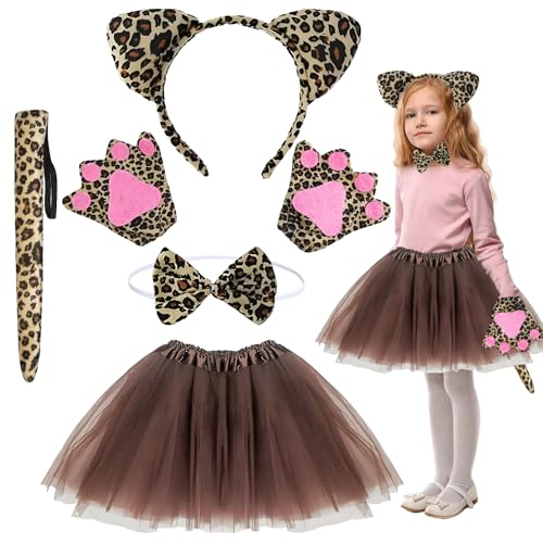 Yi'antai Tierkostüm Kinder, Leopard Kostüm für Kinder, 5-teiliges Set Mädchen, Tutu Rock mit Zubehör Ohren Stirnband Kragen Schwanz Handschuh, Tier Verkleiden Set Karneval Party Halloween Kostüm von Yi'antai