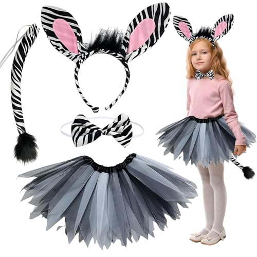 Yi'antai Tierkostüm Kinder Tutu Tier Verkleiden Tutu Rock mit mit Zubehör Tier Ohren Stirnband Nase Fliege Tierpfoten Handschuhe Schwanz Tier Verkleiden Set Karneval Party Kostüm für Kinder (Zebra) von Yi'antai