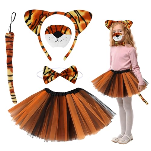 Yi'antai Tierkostüm Kinder, Tiger Kostüm für Kinder, 5-teiliges Set Mädchen, Tutu Rock mit Zubehör Ohren Stirnband Kragen Schwanz Nase, Tier Verkleiden Set Karneval Party Halloween Kostüm von Yi'antai