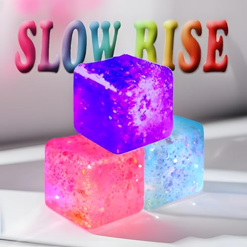 Glitter Squishy Cube 3 Stück – Fidget Toys für Kinder, Slow Rise Stresswürfel für Erwachsene, Eiswürfel Squishy Malz Zucker Stressbälle für Angstlinderung & Klassenzimmer Zappeln (Blau/Rosa/Lila) von YiLUAN