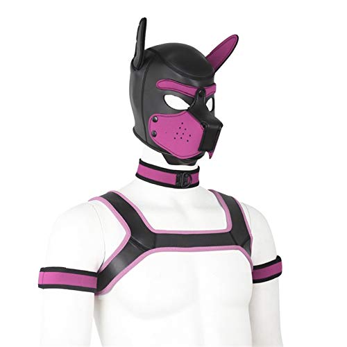 Weiche Latex-Hundemaske mit Ohren, Welpenmaske für Cosplay-Party-Maskerade Set (Maske, Halsband, Armbinde, Riemen) (Color : Pink, Size : Large) von YiQin RWSX