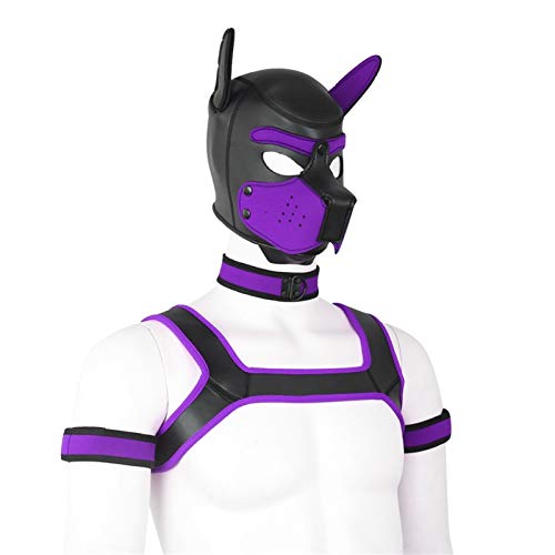 Weiche Latex-Hundemaske mit Ohren, Welpenmaske für Cosplay-Party-Maskerade Set (Maske, Halsband, Armbinde, Riemen) (Color : Purple, Size : X-Large) von YiQin RWSX