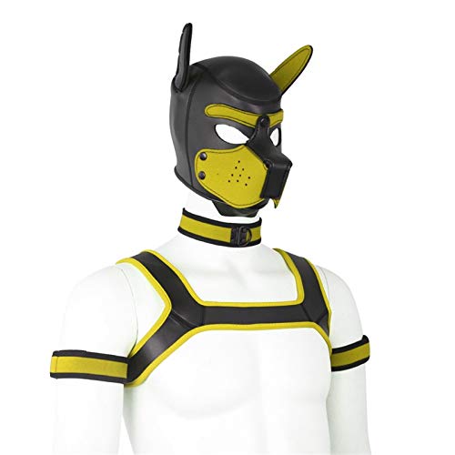 Weiche Latex-Hundemaske mit Ohren, Welpenmaske für Cosplay-Party-Maskerade Set (Maske, Halsband, Armbinde, Riemen) (Color : Yellow, Size : Large) von YiQin RWSX