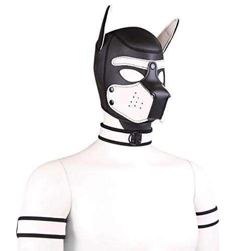 YiQin RWSX Weiche Latex-Hundemaske mit Ohren, Welpenmaske für Cosplay-Party-Maskerade Set (Maske, Halsband, Armbinde) (XL, Weiß) von YiQin RWSX
