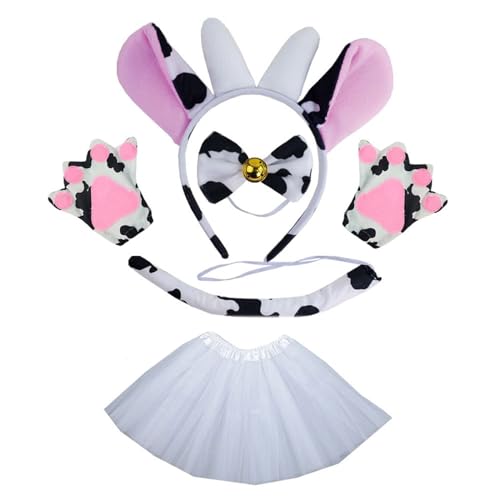 YiQinzcxg Kuh Kostüm Set Kuh Ohren Schwanz Fliege Tutus Rock Handschuh Tierkostüm Set Zubehör Für Halloween Cosplays von YiQinzcxg