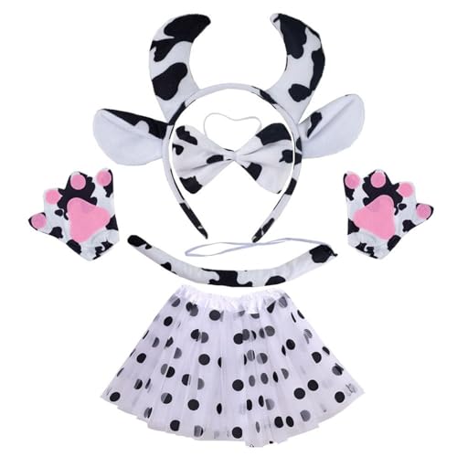 YiQinzcxg Kuh Kostüm Set Kuh Ohren Schwanz Fliege Tutus Rock Handschuh Tierkostüm Set Zubehör Für Halloween Cosplays von YiQinzcxg