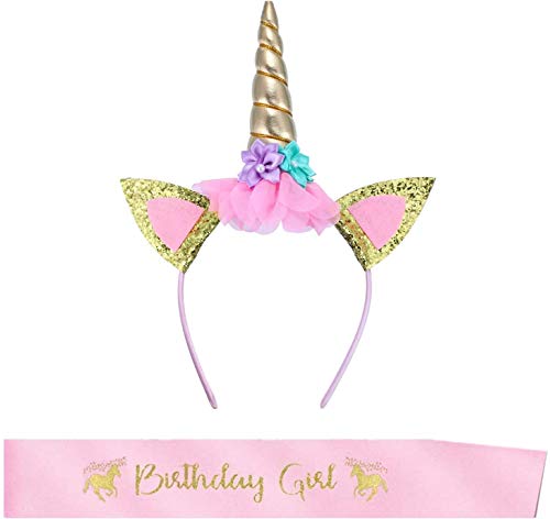 Einhorn Haarband,Einhorn Stirnband Gold Blumen Horn Haarreif mit Birthday Girl Schärpe für Kinder Erwachsene Geburtstag Ostern Party Cosplay Kostüm Zubehör von YiYaO