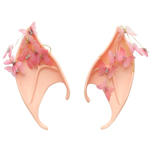 YiZYiF 1Paar Halloween Elfenohren mit Schmetterling Faux Perlen Ohring Deko Pixie-Elf Ohren Gummi Feenohren Weihnachten Fee Cosplay Party Maskerade Typ C One Size von YiZYiF