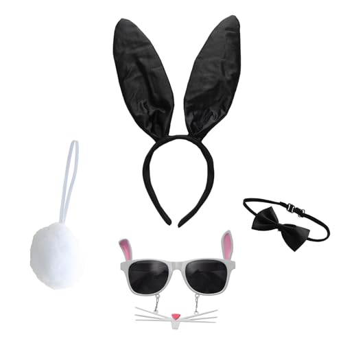 YiZYiF 4/5tlg.Hasenohren Kostüm Set Kaninchenohren Stirnband Krawatte Schwanz Bunny Brille Manschetten Häschen Rollenspiel Halloween Party Cosplay Zubehör 4 Stück Schwarz One Size von YiZYiF