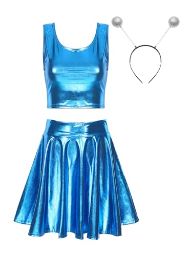 YiZYiF Damen Alien Kostüm Metallic Glitzer Crop Top Mini Skater Röcke Space Girl Haarreif Holographic Rave Outfit Fasching Kostüm Party Club Blau XL von YiZYiF