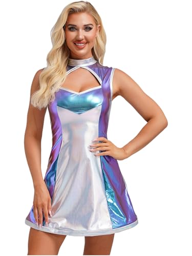 YiZYiF Damen Alien Space Girl Kostüm Karneval Glänzendes Metallic Kleid Halloween Fasching Kostüm Holograpfisch Disco Nachtclub Outfit Blau XL von YiZYiF