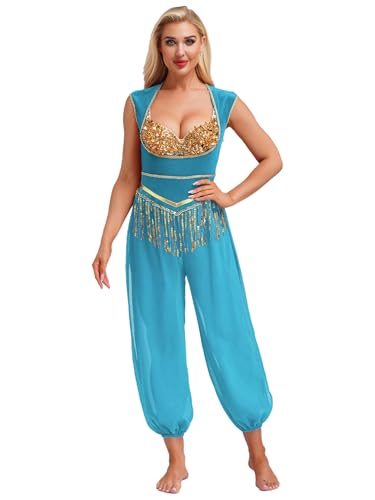 YiZYiF Damen Arabische Prinzessin Kostüm Indisches Tanzkostüm Samt Overall Aladinhose Fasching Halloween Kostüm Mottoparty Verkleidung Blau S von YiZYiF