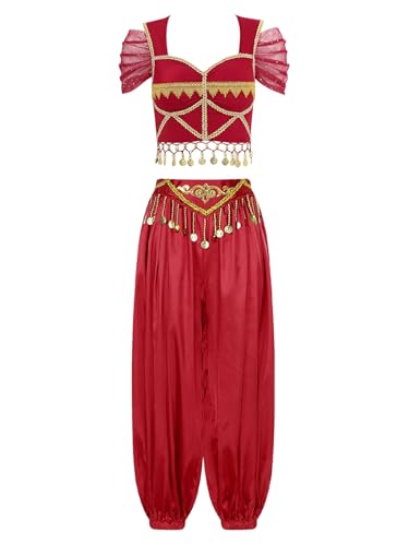 YiZYiF Damen Bauchtanz Kleidung Orientalisches Indisches Outfit Stickerei Crop Top Und Hose Karneval Halloween Kostüm Party Performance Tanzkleidung Burgund L von YiZYiF