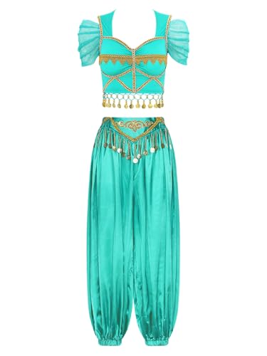 YiZYiF Damen Bauchtanz Kleidung Orientalisches Indisches Outfit Stickerei Crop Top Und Hose Karneval Halloween Kostüm Party Performance Tanzkleidung Pfauenblau L von YiZYiF