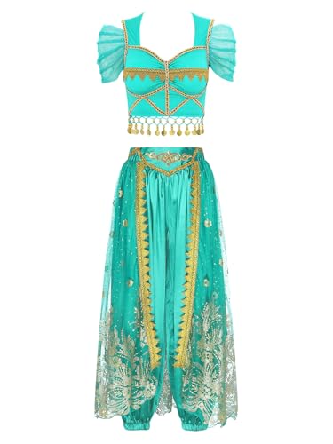 YiZYiF Damen Bauchtanz Kleidung Orientalisches Indisches Outfit Stickerei Crop Top Und Hose Karneval Halloween Kostüm Party Performance Tanzkleidung Tüllrock-Pfauenblau L von YiZYiF