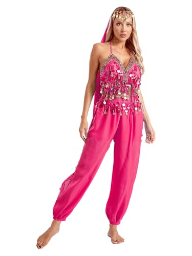 YiZYiF Damen Bauchtanz Kostüm Set Pailletten Top Hose Und Kopftuch 3 Stück Belly Dance Set Professionel Tänzer Outfit Halloween Karneval Kostüm Hotpink Einheitsgröße von YiZYiF