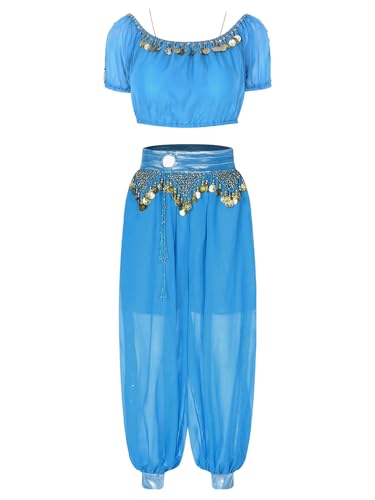 YiZYiF Damen Bauchtanz Outfit Pailletten Kurzarm Bauchtanz Oberteil Hose Set Halloween Karneval Kostüm Orientalisches Indisches Outfit Tanzkleidung Himmelblau Einheitsgröße von YiZYiF