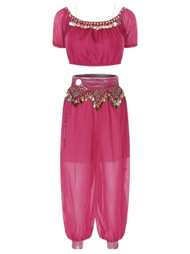 YiZYiF Damen Bauchtanz Outfit Pailletten Kurzarm Bauchtanz Oberteil Hose Set Halloween Karneval Kostüm Orientalisches Indisches Outfit Tanzkleidung Hotpink Einheitsgröße von YiZYiF