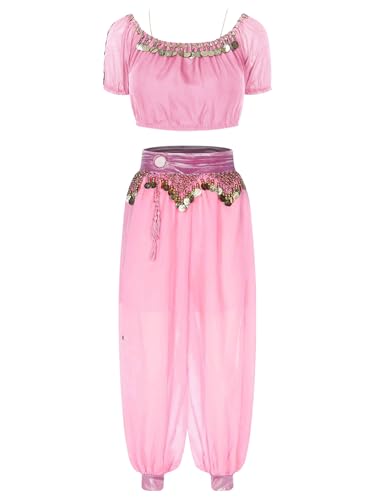 YiZYiF Damen Bauchtanz Outfit Pailletten Kurzarm Bauchtanz Oberteil Hose Set Halloween Karneval Kostüm Orientalisches Indisches Outfit Tanzkleidung Rosa Einheitsgröße von YiZYiF