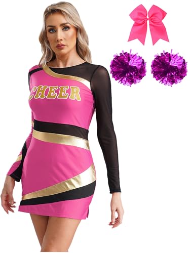 YiZYiF Damen Cheerleading Kostüm Kleid Mini Und Pompons Schleife Haargummi Set Karneval Fasching Kostüm High School Musical Party Outfit Hotpink XXL von YiZYiF