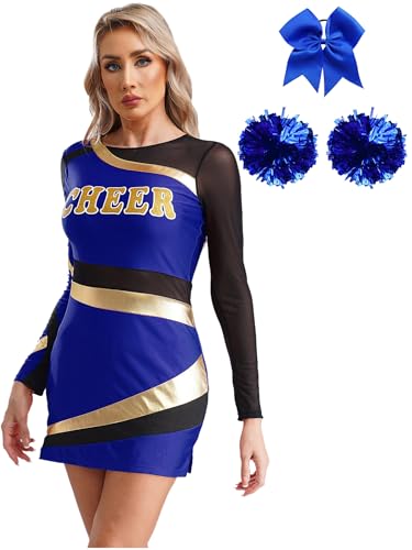 YiZYiF Damen Cheerleading Kostüm Kleid Mini Und Pompons Schleife Haargummi Set Karneval Fasching Kostüm High School Musical Party Outfit Königsblau M von YiZYiF