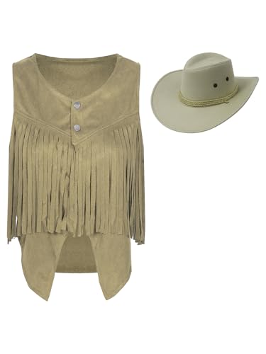 YiZYiF Damen Cowgirl Kostüm Cowboy Hut Fransenweste Set 60er Jahre 70er Jahre Hippie Kostüm Western Girl Kostüm für Halloween Fasching Khaki M von YiZYiF