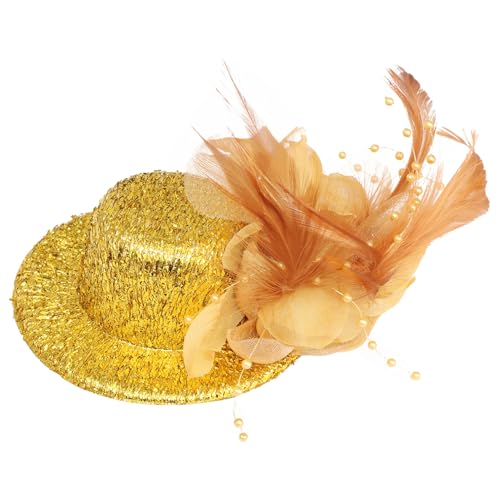 YiZYiF Damen Fascinator Mini Top Hut Haarclip mit Feder Blumen Deko Glitzer Magier Mini Zylinder Haarspange Kopfschmuck Cosplay Haar Accessoires Maskerade Gold One Size von YiZYiF