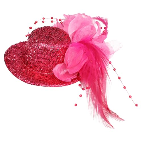 YiZYiF Damen Fascinator Mini Top Hut Haarclip mit Feder Blumen Deko Glitzer Magier Mini Zylinder Haarspange Kopfschmuck Cosplay Haar Accessoires Maskerade Hot Pink One Size von YiZYiF