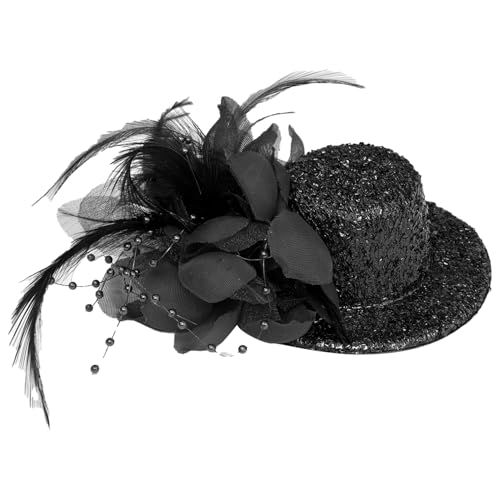 YiZYiF Damen Fascinator Mini Top Hut Haarclip mit Feder Blumen Deko Glitzer Magier Mini Zylinder Haarspange Kopfschmuck Cosplay Haar Accessoires Maskerade Schwarz One Size von YiZYiF