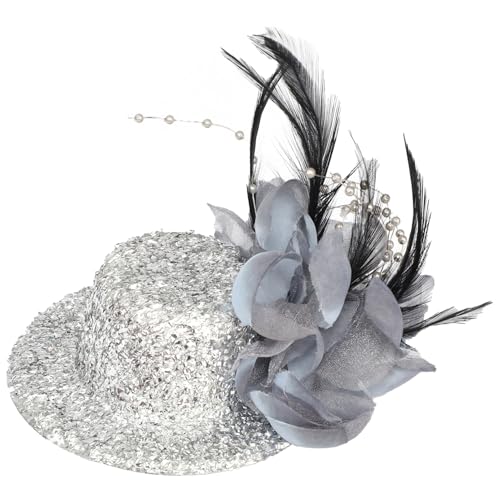 YiZYiF Damen Fascinator Mini Top Hut Haarclip mit Feder Blumen Deko Glitzer Magier Mini Zylinder Haarspange Kopfschmuck Cosplay Haar Accessoires Maskerade Silber One Size von YiZYiF