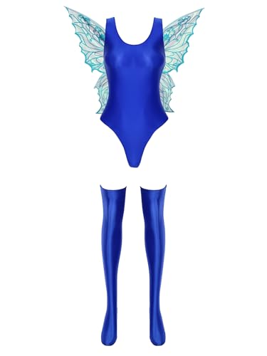 YiZYiF Damen Fee Kostüm Set Schmetterling Flügel Glanz Nylon Body Strümpfe 3er Set Party Fasching Kostüm Nymphe Cosplay Outfit Blau M von YiZYiF