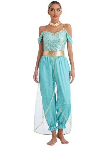 YiZYiF Damen Kostüm Arabische Prinzessin Araberin Orientalische Kleidung Märchen Cosplay Party Outfit Halloween Fasching Verkleidung Türkis 4XL von YiZYiF