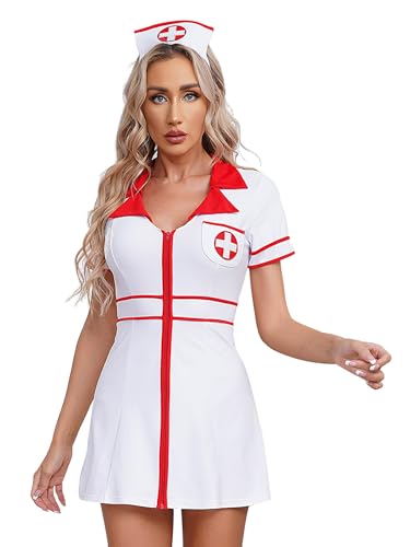 YiZYiF Damen Kostüm Krankenschwester Halloween Karneval Krankenschwester Kleid Mit Häubchen-Haarreif Erwachsene Party Cosplay Outfits Weiß 4XL von YiZYiF