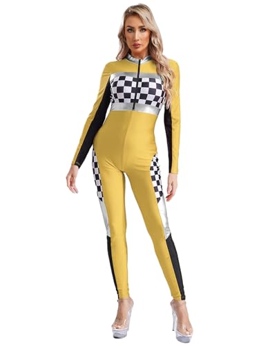 YiZYiF Damen Kostüm Rennfahrer Motorrad Overall Slim Fit Karneval Halloween Kostüm Mottoparty Racing Girl Cosplay Outfit Gelb 3XL von YiZYiF