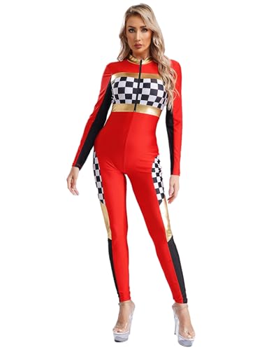 YiZYiF Damen Kostüm Rennfahrer Motorrad Overall Slim Fit Karneval Halloween Kostüm Mottoparty Racing Girl Cosplay Outfit Rot L von YiZYiF