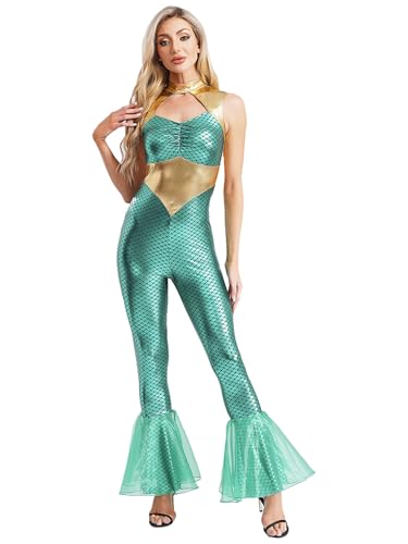YiZYiF Damen Meerjungfrau Kostüm Body Mesh Metallic Fischschuppen Flared Jumpsuit Mit Rüschen Ganzkörper Halloween Karneval Kostüm Mintgrün XL YiZYiF Damen Meerjungfrau Kostüm Body Mesh Metallic Fischschuppen Flared Jumpsuit Mit Rüschen Ganzkörper Halloween Karneval Kostüm Mintgrün XL von YiZYiF