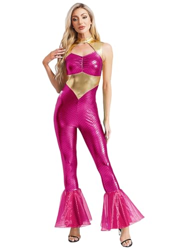 YiZYiF Damen Meerjungfrau Kostüm Body Mesh Metallic Fischschuppen Flared Jumpsuit Mit Rüschen Ganzkörper Halloween Karneval Kostüm Pink XL YiZYiF Damen Meerjungfrau Kostüm Body Mesh Metallic Fischschuppen Flared Jumpsuit Mit Rüschen Ganzkörper Halloween Karneval Kostüm Pink XL von YiZYiF