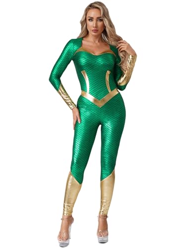 YiZYiF Damen Meerjungfrau Kostüm Catsuit Halloween Karneval Kostüm Metallic Fischschuppen Druck Ganzkörperanzug Cosplay Bodysuit Grün S YiZYiF Damen Meerjungfrau Kostüm Catsuit Halloween Karneval Kostüm Metallic Fischschuppen Druck Ganzkörperanzug Cosplay Bodysuit Grün S von YiZYiF