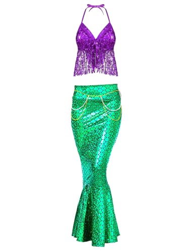 YiZYiF Damen Meerjungfrau Kostüm Glitzer Pailletten Bra Bustier Fischschwanz Rock Lang Set Mermaid Cosplay Karneval Halloweenkostüme Lila&Grün L von YiZYiF