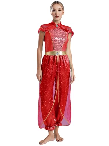 YiZYiF Damen Orient Arabische Prinzessin Kostüm Pailletten Overall Haremshose Fasching Halloween Kostüm Märchen Rollenspiel Verkleidung Rot S von YiZYiF