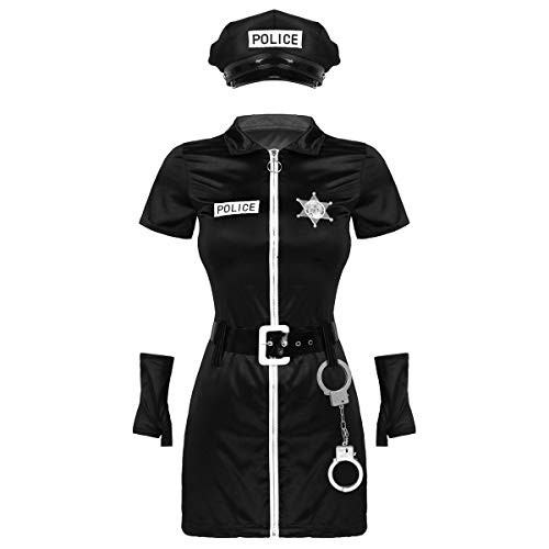 YiZYiF Damen Polizist Kostüm Polizeiuniform Cop Polizisten Kostüm Kleid mit Hut Gürtel Manschetten und Handschellen Cosplay Clubwear Schwarz M von YiZYiF